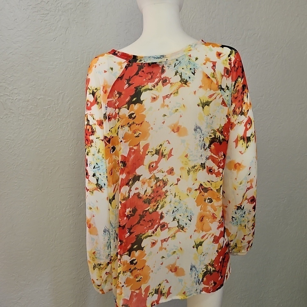 SML SPORT Floral Semi-sheer Oversized Keyhole Bow Chiffon Top XL - Picture 5 of 7